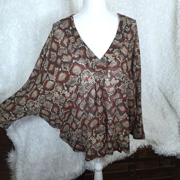 BLOUSE CREAM, BROWN, ORANGE SNAKE PRINT DOLMAN SLEEVE BLOUSE SZ.XL EUC - Picture 3 of 8